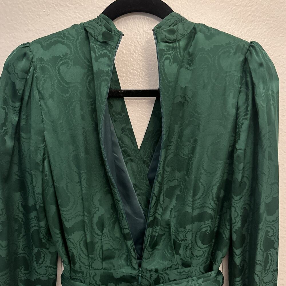 Saloni Bibi Mini Dress Green Silk Jacquard Long Sleeve Faux Wrap US 6 - Picture 8 of 14